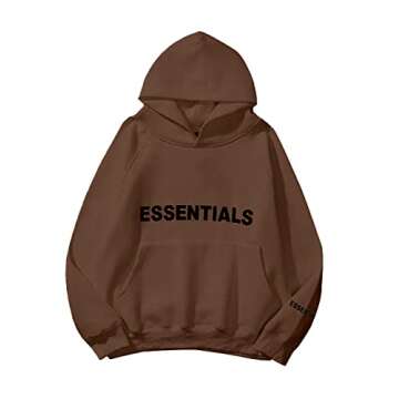 OIPUNSHLE Letter Print Fleece Loose Hoodie Sweatshirt Long Sleeve Kangaroo Pocket Drop Shoulder Pullover Tops Brown