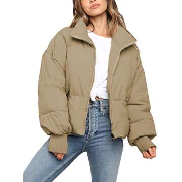 KYL Women's Winter Puffer Jacket Oversized Zip-Up Quilted Puffy Bubble Short Down Coat Khaki Medium