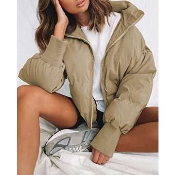 KYL Women's Winter Puffer Jacket Oversized Zip-Up Quilted Puffy Bubble Short Down Coat Khaki Medium