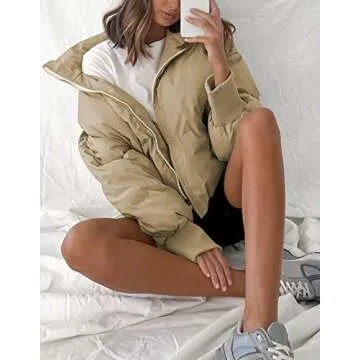 KYL Women's Winter Puffer Jacket Oversized Zip-Up Quilted Puffy Bubble Short Down Coat Khaki Medium