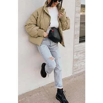 KYL Women's Winter Puffer Jacket Oversized Zip-Up Quilted Puffy Bubble Short Down Coat Khaki Medium