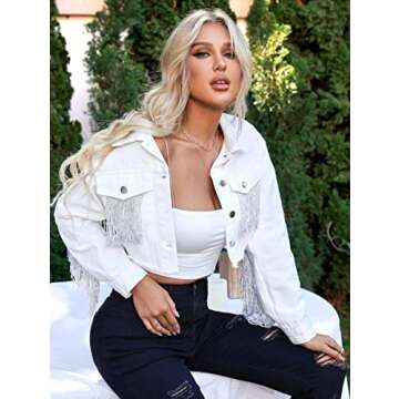 Zeagoo Women Denim Jacket Casual Long Sleeve Distressed Ripped Cropped Coat Fringe Jean Jacket White M