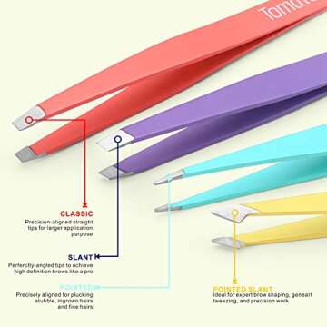 Tomata Tweezers for Eyebrows, Slant Tip and Pointed Eyebrow Tweezer Set Great Precision for Eyebrows Facial Hair, Ingrown Hair, Splinter, Blackhead and Tick Remover (4-piece) (Multi-color)