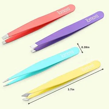 Tomata Tweezers for Eyebrows, Slant Tip and Pointed Eyebrow Tweezer Set Great Precision for Eyebrows Facial Hair, Ingrown Hair, Splinter, Blackhead and Tick Remover (4-piece) (Multi-color)