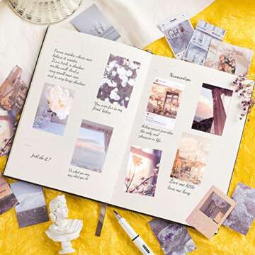 PAGOW 100 Pieces Washi Stickers Set, 50Pcs Nature White Tea Plant Adhesive Scrapbook Sticker and 50Pcs Sunset Scenery Sticker Book for Journaling