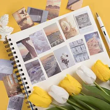 PAGOW 100 Pieces Washi Stickers Set, 50Pcs Nature White Tea Plant Adhesive Scrapbook Sticker and 50Pcs Sunset Scenery Sticker Book for Journaling