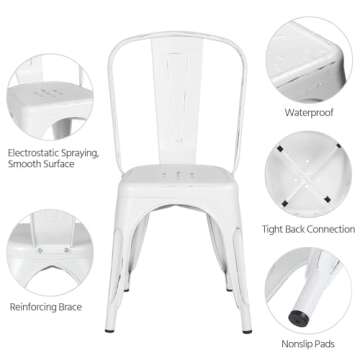 Yaheetech Metal Kitchen Dining Chairs Indoor-Outdoor Distressed Style Stackable Side Coffee Chairs in Distressed White, Set of 4