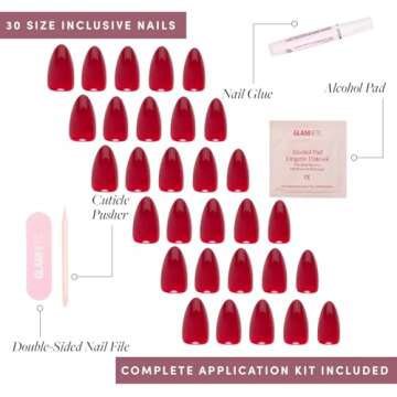 Glamnetic Press On Nails - Classic Red | Opaque Cool Tone, Timeless Red Short Almond False Nails, Reusable Stick On Fake Nails with Glue | Salon Quality | 15 Sizes - 30 Nail Kit