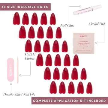 Glamnetic Press On Nails - Classic Red | Opaque Cool Tone, Timeless Red Short Almond False Nails, Reusable Stick On Fake Nails with Glue | Salon Quality | 15 Sizes - 30 Nail Kit