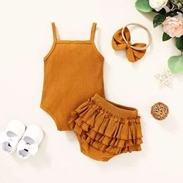 Tiny Cutey Infant Baby Girl Clothes Strap Romper and Ruffle Shorts with Headband Baby Girl Summer Outfits Set (Ginger, 3-6 Months)