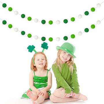 Green Light Green White Felt Ball Garlands | St. Patrick's Day Pom Pom Garland | St. Patrick's Day Decoration | Irish Party Supplies | Indoor Outdoor Home Office Hanging Decor- 30 Balls(35mm)