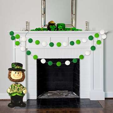 Green Light Green White Felt Ball Garlands | St. Patrick's Day Pom Pom Garland | St. Patrick's Day Decoration | Irish Party Supplies | Indoor Outdoor Home Office Hanging Decor- 30 Balls(35mm)