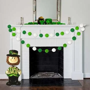 Green Light Green White Felt Ball Garlands | St. Patrick's Day Pom Pom Garland | St. Patrick's Day Decoration | Irish Party Supplies | Indoor Outdoor Home Office Hanging Decor- 30 Balls(35mm)