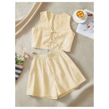 SHENHE Women's Y2k Summer 2 Piece Outfits Striped Tie Front Tank Vest and Shorts Vacation Set Yellow Small