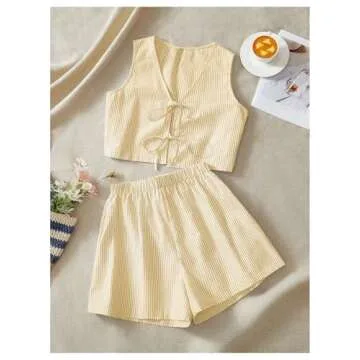 SHENHE Women's Y2k Summer 2 Piece Outfits Striped Tie Front Tank Vest and Shorts Vacation Set Yellow Small