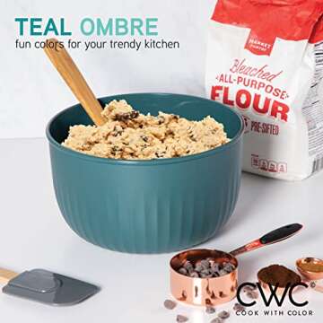 COOK WITH COLOR 4pc Plastic Mixing Bowl Set with Lids (Teal Ombre, 210 ml, 550 ml, 1150 ml, 3500 ml) - Sturdy, Nesting, BPA Free, Dishwasher Safe, Food Safe, Bowls for Cooking and Baking