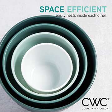 COOK WITH COLOR 4pc Plastic Mixing Bowl Set with Lids (Teal Ombre, 210 ml, 550 ml, 1150 ml, 3500 ml) - Sturdy, Nesting, BPA Free, Dishwasher Safe, Food Safe, Bowls for Cooking and Baking