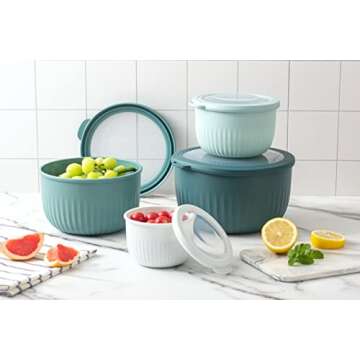 COOK WITH COLOR 4pc Plastic Mixing Bowl Set with Lids (Teal Ombre, 210 ml, 550 ml, 1150 ml, 3500 ml) - Sturdy, Nesting, BPA Free, Dishwasher Safe, Food Safe, Bowls for Cooking and Baking