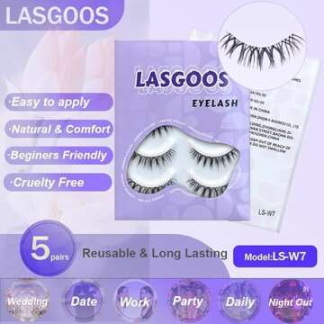 LASGOOS Fake Eyelashes Natural Look False Eye Lashes Daily Strip Cross Clear Band 5-7mm Cross Cute Lashes Invisible band Lash for Wedding Daily Work Eye Makeup 5 Pairs W7