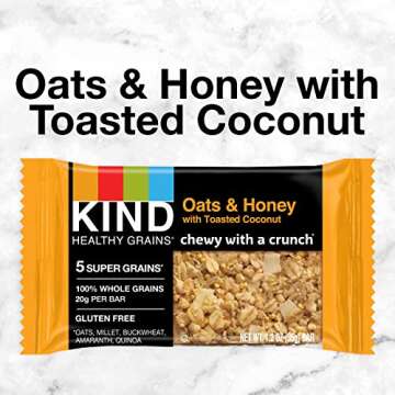 KIND Healthy Grains Bars, Oats & Honey with Toasted Coconut, Non GMO, Gluten Free, 1.2 oz, 5 Count