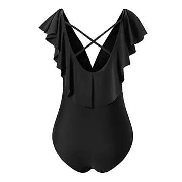 AdoreShe Women Ruffle One Piece Swimsuit Backless Monokini Solids Bathing Suits (A18053, Black, XL)