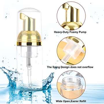 Dming 8 Pcs 1oz 30ml Plastic Foamer Pump Bottle Foam Dispenser Bottles Mini Liquid Foaming Bottles for Refillable Travel Hand Soap Foaming,Shampoo,Castile,Cleaning (Gold+Clear)
