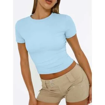 Trendy Queen Womens Basic T Shirts Summer 2025 Scoop Neck Short Sleeve Crop Tops Slim Fit Tees Y2k Clothing Baby Blue S