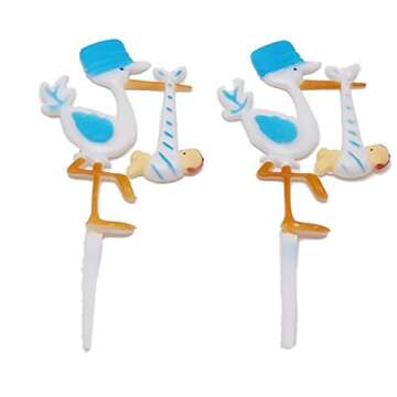 12 Plastic Blue Stork Baby Shower Favors Appliques Floral cupacake Picks 7" Tall