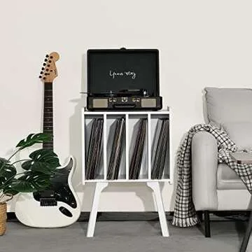 LELELINKY Small Record Player Stand - Width 11.7 In, White Vinyl Record Storage Table with 4 Cabinet Up to 80 Albums, Vinyl Holder with Wood Legs,Turntable Stand Display Shelf for Bedroom Living Room