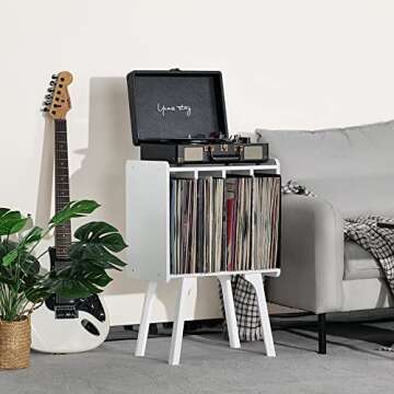 LELELINKY Small Record Player Stand - Width 11.7 In, White Vinyl Record Storage Table with 4 Cabinet Up to 80 Albums, Vinyl Holder with Wood Legs,Turntable Stand Display Shelf for Bedroom Living Room