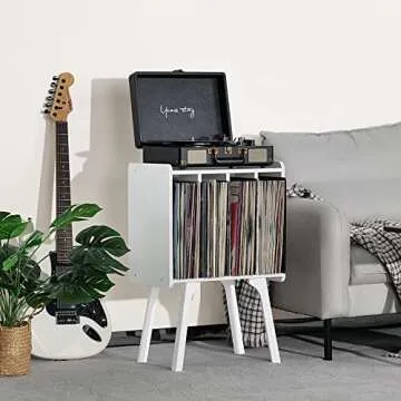 LELELINKY Small Record Player Stand - Width 11.7 In, White Vinyl Record Storage Table with 4 Cabinet Up to 80 Albums, Vinyl Holder with Wood Legs,Turntable Stand Display Shelf for Bedroom Living Room