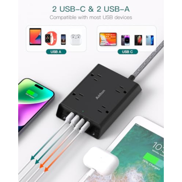 Addtam Power Strip 5ft, 4 USB Ports & 4 Outlets