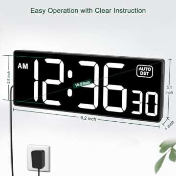 Soobest LED Digital Wall Clock with Seconds, Electric Clock Plug Auto DST Dimmer LED Large Display 10 Inches (White)