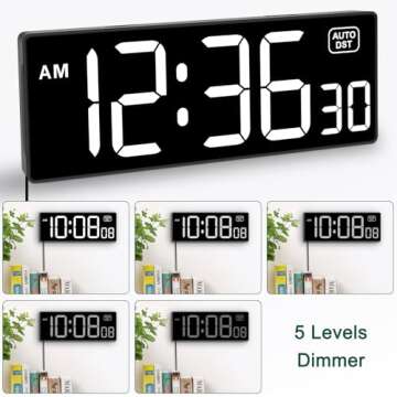 Soobest LED Digital Wall Clock with Seconds, Electric Clock Plug Auto DST Dimmer LED Large Display 10 Inches (White)