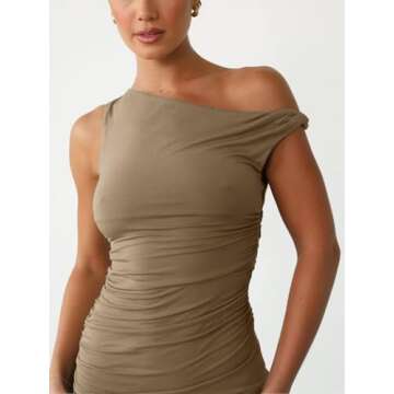 Ekaliy Womens Sexy Off The Shoulder Dress Sleeveless Bodycon Mini Dress Ruched Dresses for Women Brown S