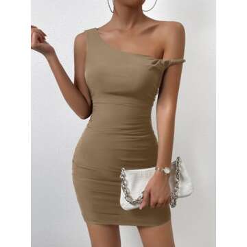 Ekaliy Womens Sexy Off The Shoulder Dress Sleeveless Bodycon Mini Dress Ruched Dresses for Women Brown S