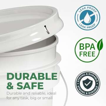 EconoHome 5-Gallon White Bucket Pail Container with Lid | Metal Handles with Plastic Grip for Easy Carrying | Easy Stack and Store | Heavy-Duty Extra Durable | Food Grade | BPA Free - 1 Pack