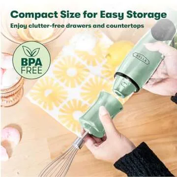 bella Immersion Blender, Portable Mixer and Emulsifier with Whisk Attachment, 2 Speed, Electric Handheld Juicer, Shakes, Baby Food and Smoothie Maker, Stainless Steel, BPA Free, 250 Watt, Sage