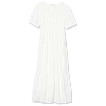 The Drop Women's Imogen Short Sleeve Tiered V-Neck Midi Dress, White, XS