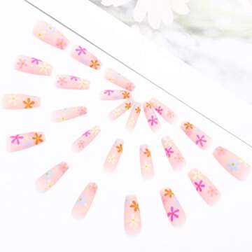 Aksod Colorful Press on Nails Matte Long Coffin Fake Nails Desinged Pink Artificial Flower False Nai...