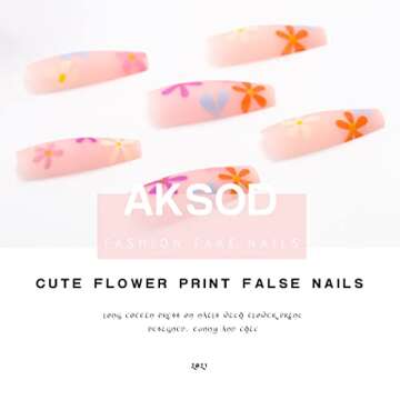 Aksod Colorful Press on Nails Matte Long Coffin Fake Nails Desinged Pink Artificial Flower False Nails Full Cover Rustic Ballerina Nails Tips for Women and Girls 24Pcs (C)