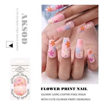 Aksod Colorful Press on Nails Matte Long Coffin Fake Nails Desinged Pink Artificial Flower False Nails Full Cover Rustic Ballerina Nails Tips for Women and Girls 24Pcs (C)