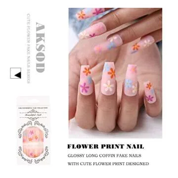 Aksod Colorful Press on Nails Matte Long Coffin Fake Nails Desinged Pink Artificial Flower False Nails Full Cover Rustic Ballerina Nails Tips for Women and Girls 24Pcs (C)