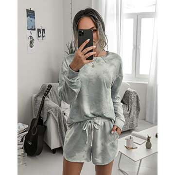PRETTYGARDEN Women's Tie Dye Printed Pajamas Set Casual Long Sleeve Tops with Lounge Shorts Two Piece Sleepwear (Grey,Medium)