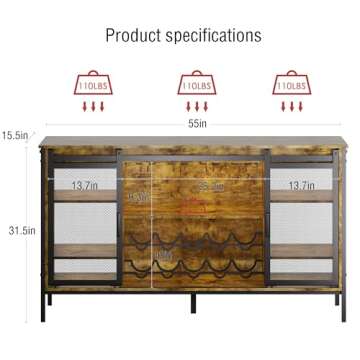 QNICE LED Industrial Wine Bar Cabinet for Liquor and Glasses/Sliding Barn Door Coffee Bar Cabinet wi...