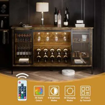 QNICE LED Industrial Wine Bar Cabinet for Liquor and Glasses/Sliding Barn Door Coffee Bar Cabinet with Light/Farmhouse Sideboard Buffet Storage Cabinet with Wine Rack (Rustic Brown)