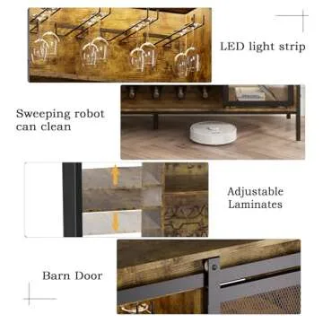 QNICE LED Industrial Wine Bar Cabinet for Liquor and Glasses/Sliding Barn Door Coffee Bar Cabinet with Light/Farmhouse Sideboard Buffet Storage Cabinet with Wine Rack (Rustic Brown)