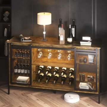 QNICE LED Industrial Wine Bar Cabinet for Liquor and Glasses/Sliding Barn Door Coffee Bar Cabinet with Light/Farmhouse Sideboard Buffet Storage Cabinet with Wine Rack (Rustic Brown)