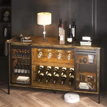 QNICE LED Industrial Wine Bar Cabinet for Liquor and Glasses/Sliding Barn Door Coffee Bar Cabinet with Light/Farmhouse Sideboard Buffet Storage Cabinet with Wine Rack (Rustic Brown)