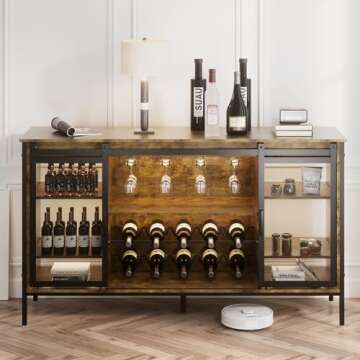 QNICE LED Industrial Wine Bar Cabinet for Liquor and Glasses/Sliding Barn Door Coffee Bar Cabinet with Light/Farmhouse Sideboard Buffet Storage Cabinet with Wine Rack (Rustic Brown)